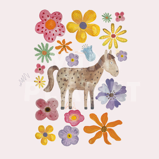 Bügelbild Set: Blumen und Pferd