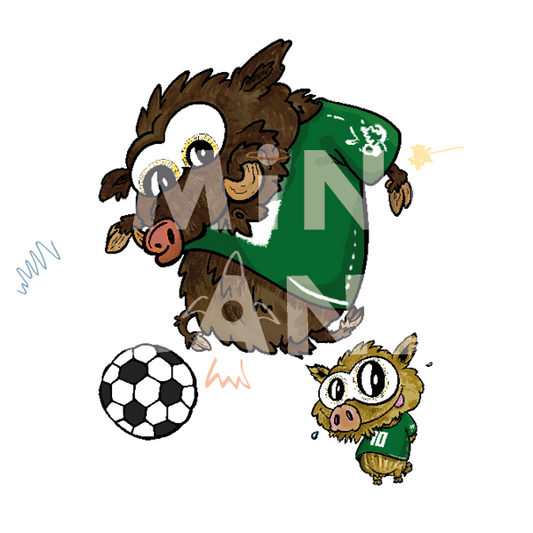 Bügelbild: Wildschwein mit Fussball und Frischling