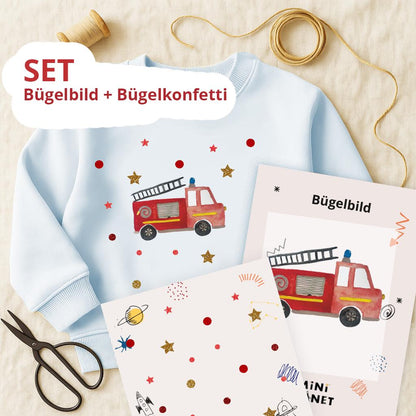 Bügelbild Set: Feuerwehr | DTF Aufbügler Kinder | Aquarell Feuerwehrauto | Fire Truck Iron On Transfer | Geschenk Idee