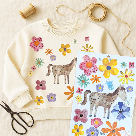 Bügelbild Set Pferd und Blumen