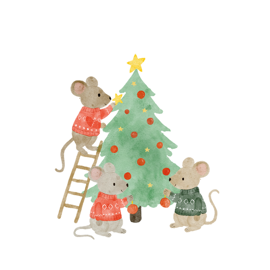 Bügelbild: Mäuse schmücken Weihnachtsbaum